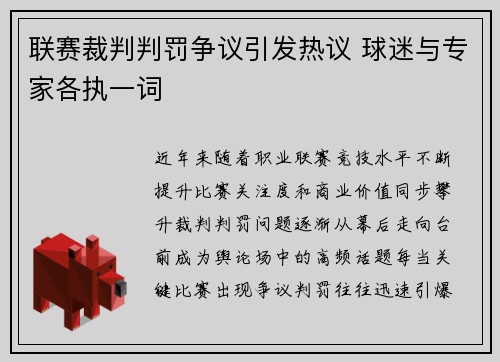 联赛裁判判罚争议引发热议 球迷与专家各执一词